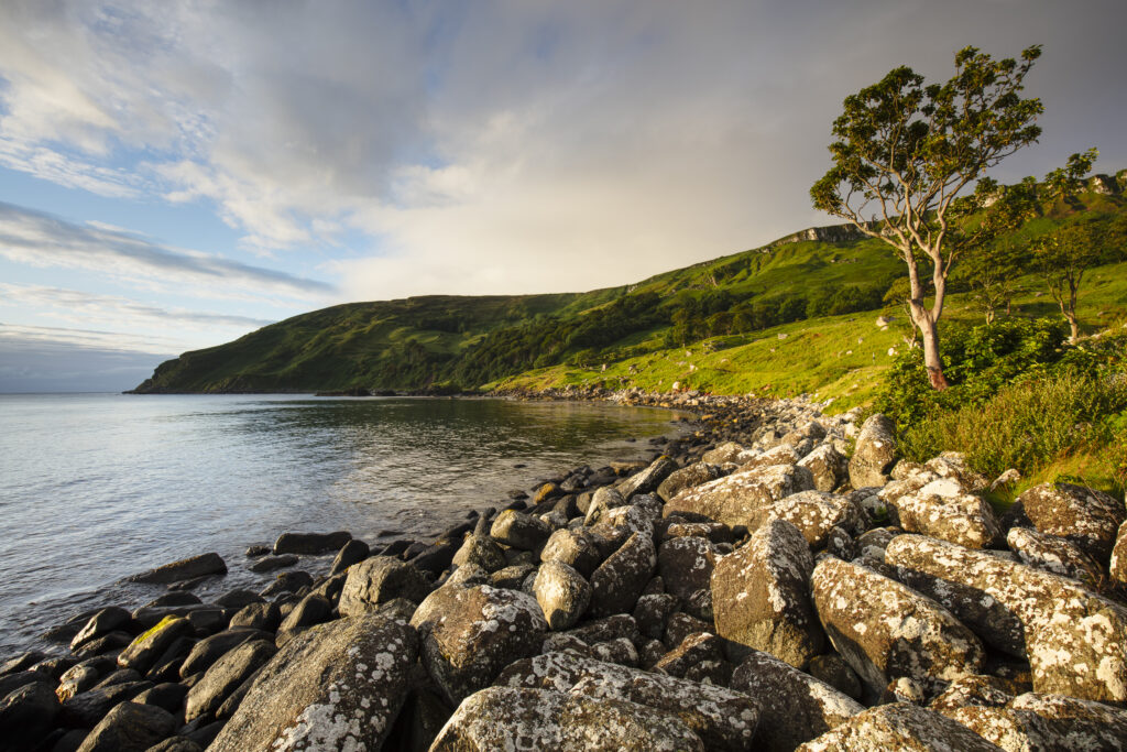 Northern Ireland, Country Antrim, Murlough Bay. Early morning sun illuminates the coastline of Murlough Bay, located near the coastal town of Ballycastle.