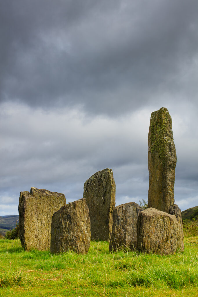 Republic of Ireland, County Cork, Kealkil Stone Circle. The prehistoric site of Kealkil consists of a small five stone circle and two large monoliths.