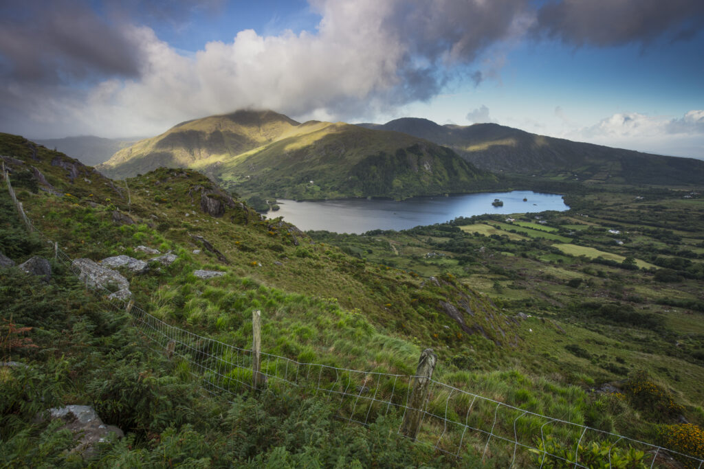 Republic of Ireland, County Kerry, Healy Pass. Glanmore Lake viewed from Healy Pass, a mountain pass in the Caha mountain range, located in the Beara peninsula.