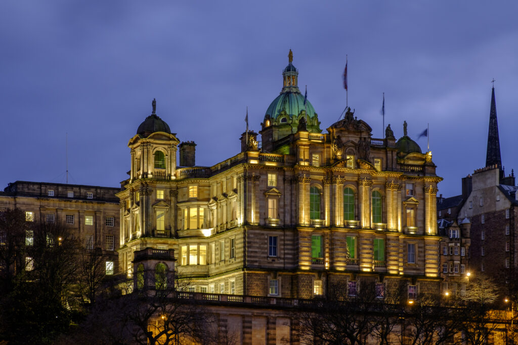 Scotland, Edinburgh, Bank of Scotland. A prominent feature of the Edinburgh skyline, the Bank of Scotland head office on The Mound. Construction of this impressive building was completed in 1806.