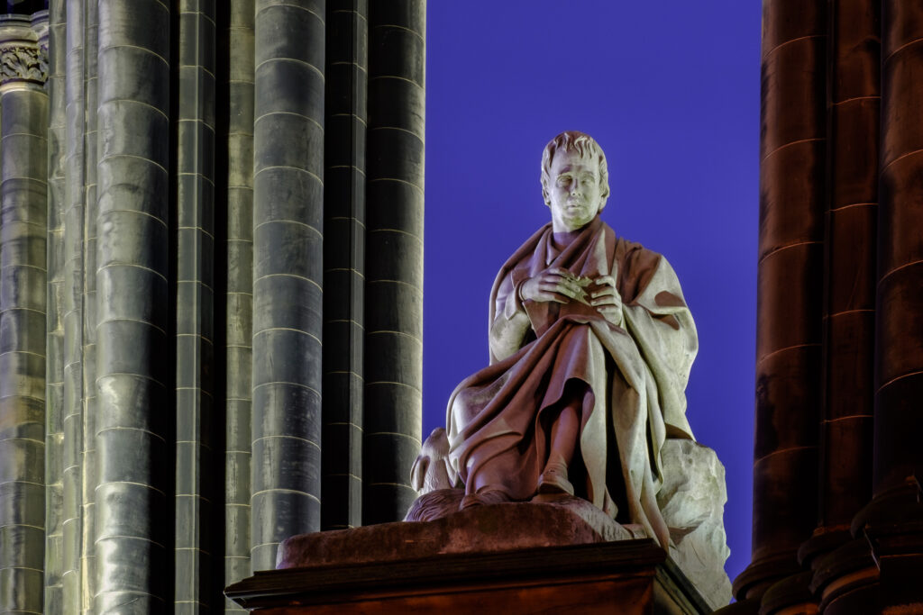 Scotland, Edinburgh, Princes Street Gradens. Monument to Sir Walter Scott known simply as 'Scotts Monument' located along the busy Princes Street.