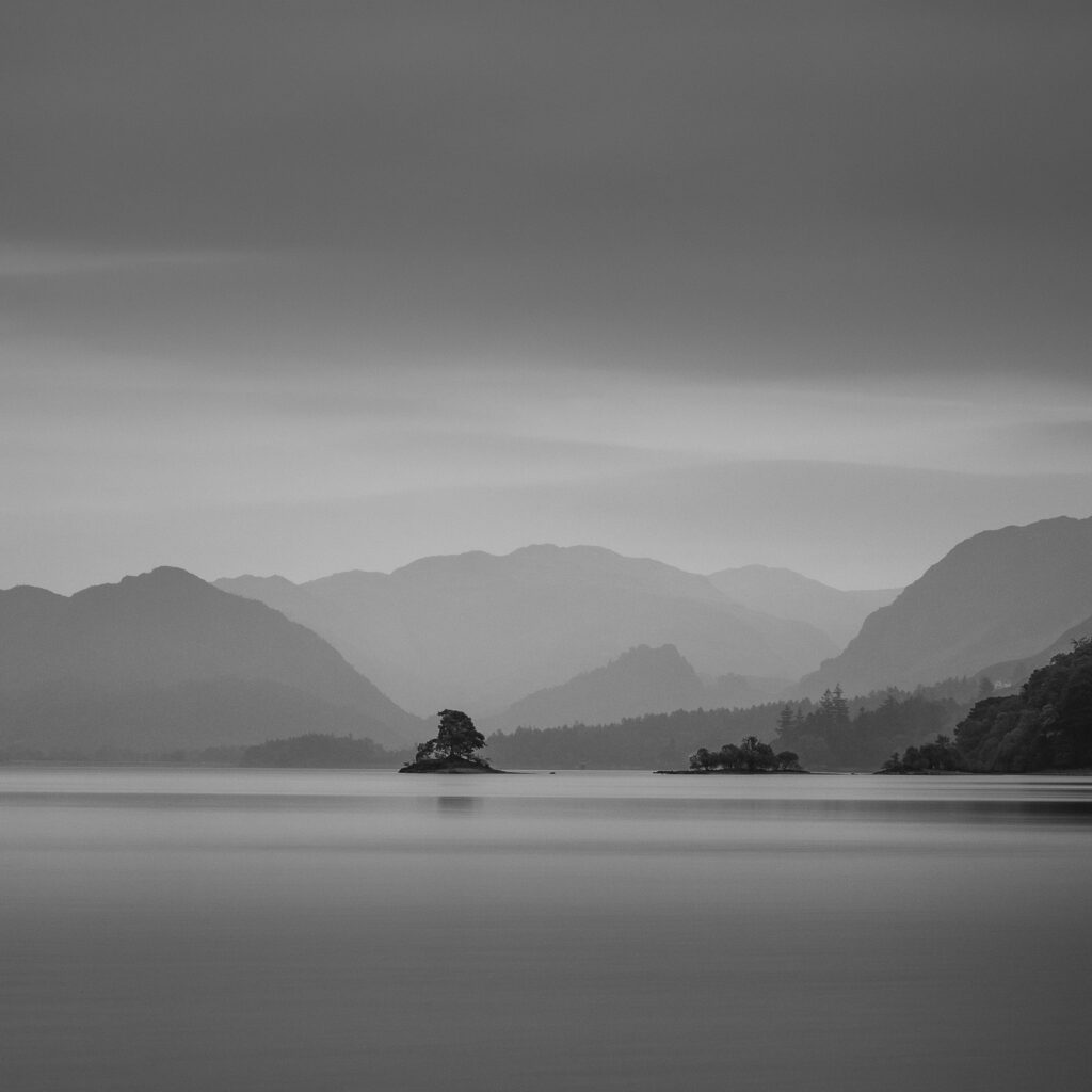 England, Cumbria, Derwentwater. The jaws of Borrowdale behind Derwentwater viewed from near Keswick in the Lake District National Park.