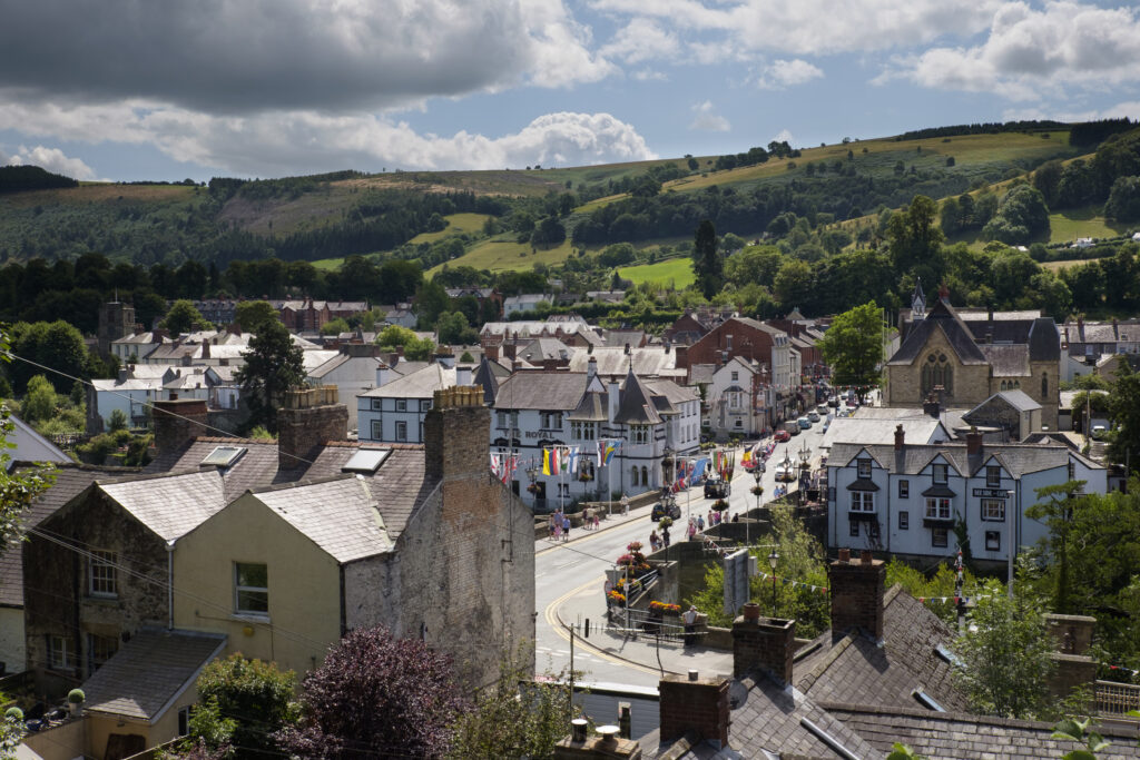 Wales, Denbighshire, Llangollen. View from train station looking across Langollen and surrounding hills and countryside.