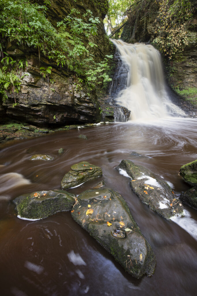 England, Northumberland, Bellingham. The flowing waterfall of Hareshaw Linn a popular spot located within Northumberland National Park.