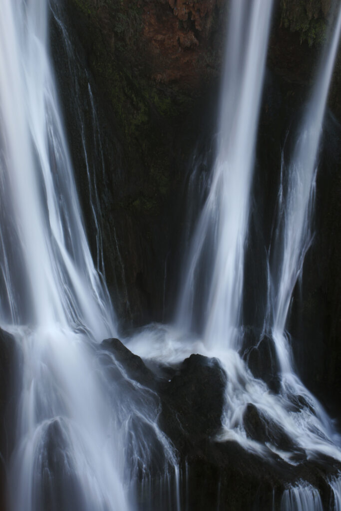 Morocco, Central Morocco, Cascades d'Ouzoud. The fast flowing waters of the Ouzoud cascade, plunging into the gorge.