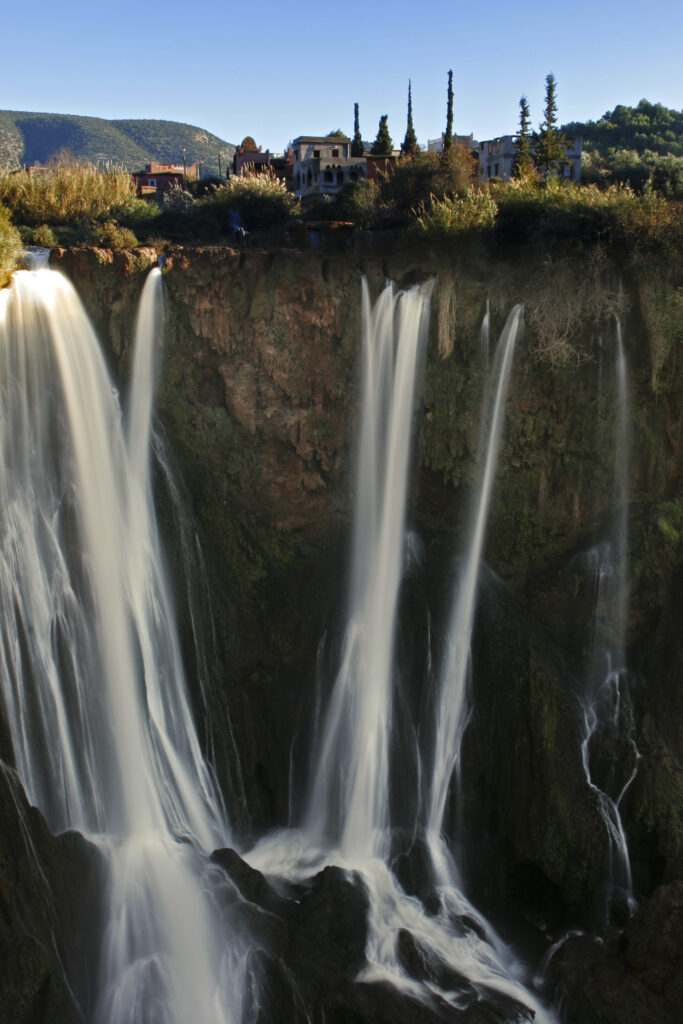 Morocco, Central Morocco, Cascades d'Ouzoud. The fast flowing waters of the Ouzoud cascade, plunging into the gorge.