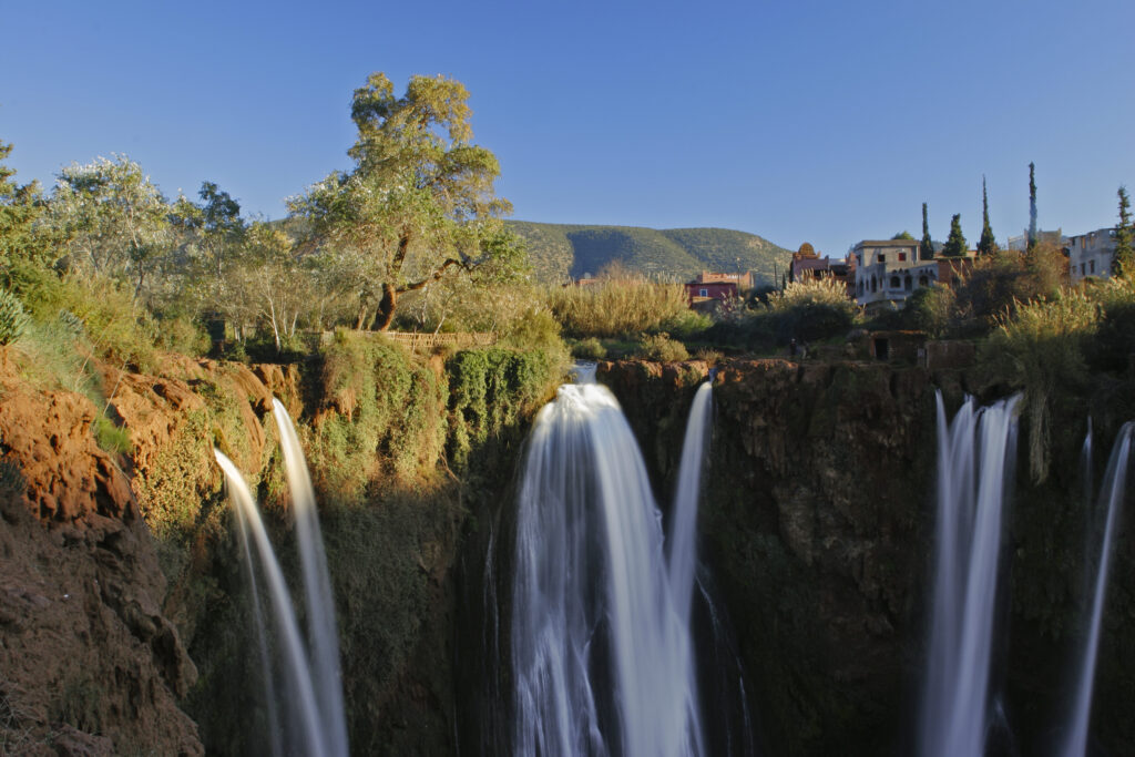 Morocco, Central Morocco, Cascades d'Ouzoud. The fast flowing waters of the Ouzoud cascade, plunging into the gorge.