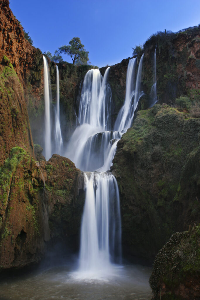 Morocco, Central Morocco, Cascades d'Ouzoud. The fast flowing waters of the Ouzoud cascade, plunging into the gorge.