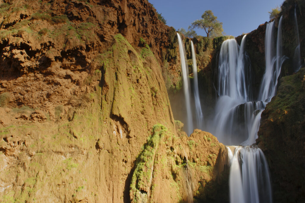Morocco, Central Morocco, Cascades d'Ouzoud. The fast flowing waters of the Ouzoud cascade, plunging into the gorge.
