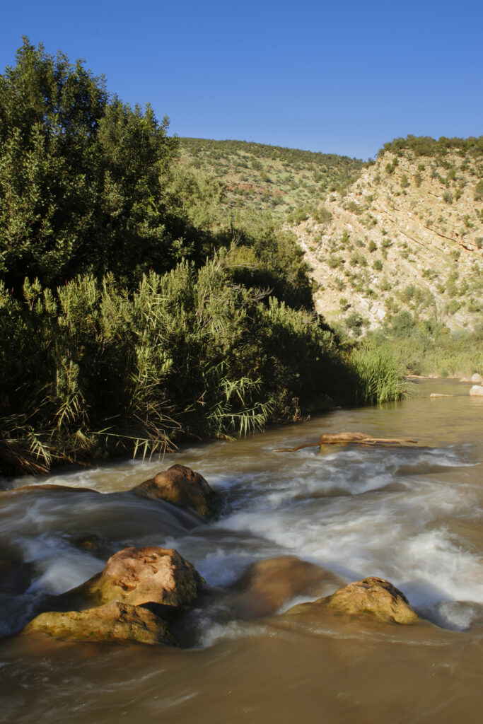 Morocco, Central Morocco, The Ouzoud Gorge. The flowing waters of the river running downstream from the cascades