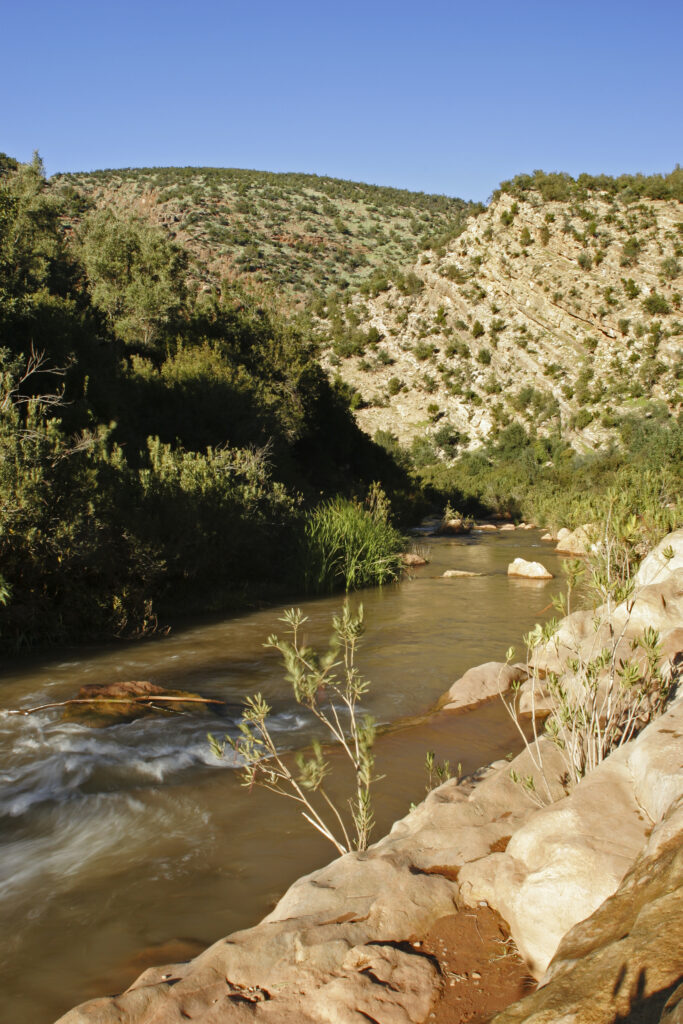 Morocco, Central Morocco, The Ouzoud Gorge. The flowing waters of the river running downstream from the cascades