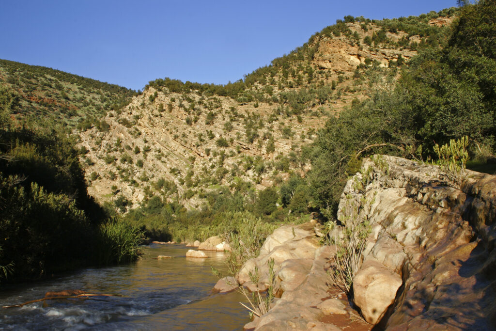 Morocco, Central Morocco, The Ouzoud Gorge. The flowing waters of the river running downstream from the cascades
