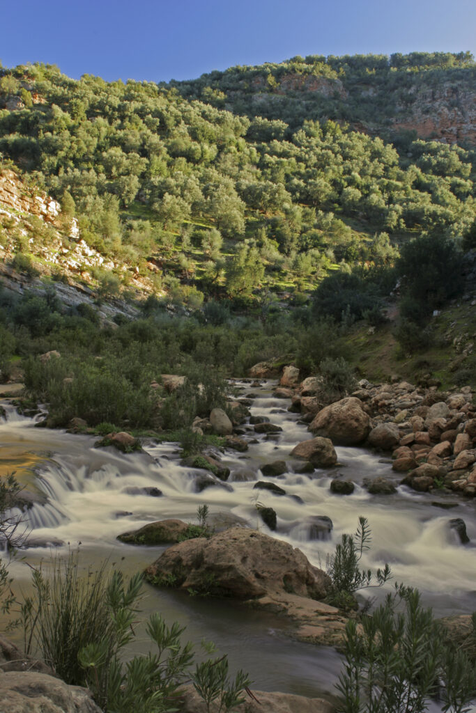 Morocco, Central Morocco, The Ouzoud Gorge. The flowing waters of the river running downstream from the cascades