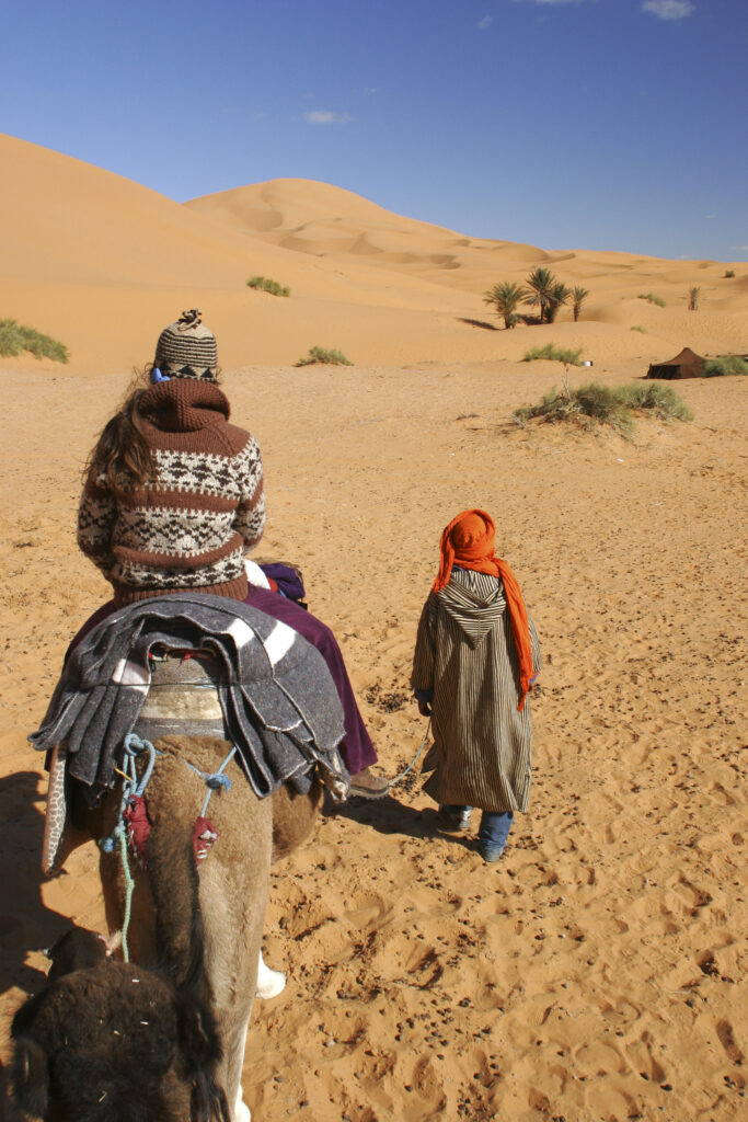 Morocco, Central Morocco, Merzouga A Moroccan guide leads a tourist camel train through the Erg Chebbi in the Sahara
