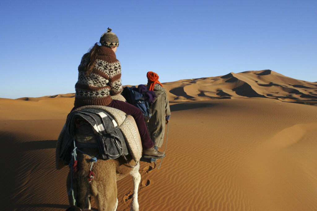 Morocco, Central Morocco, Merzouga A Moroccan guide leads a tourist camel train through the Erg Chebbi in the Sahara Desert.