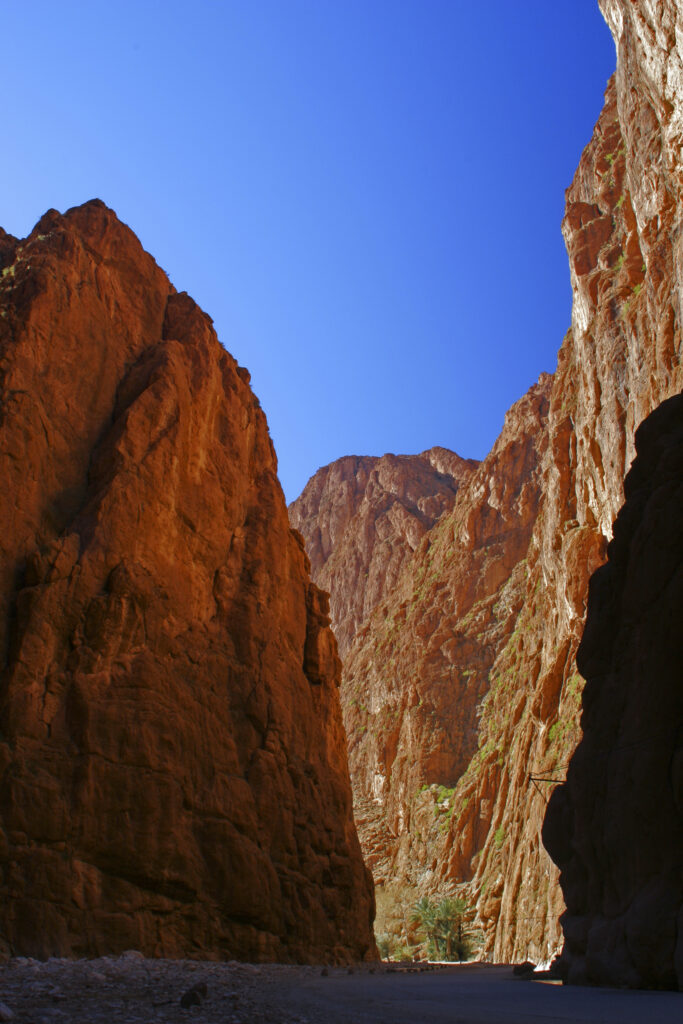 Morocco, Central Morocco, Todra Gorge. The ochre-coloured cliffs of the gorge in the High Atlas mountains.