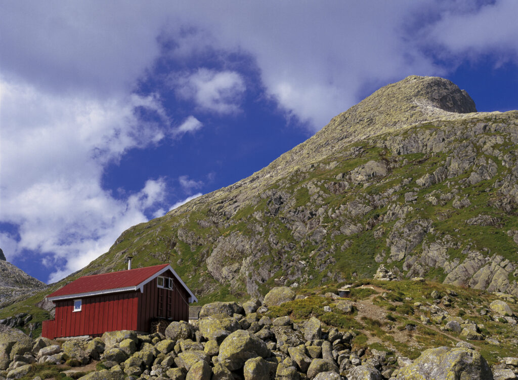 NORWAY, Sogn Og Fjordane, Jostedalsbreen National Park. Flatbrehytta Hut at an altitude of 1000m provides shelter to hikers.