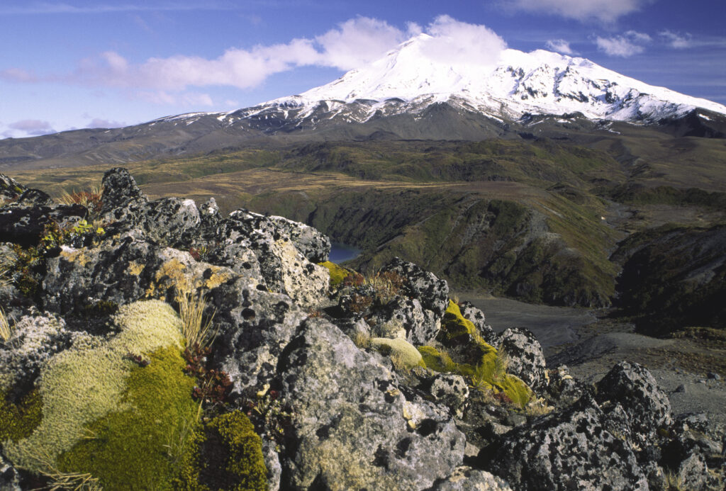 NEW ZEALAND, Central Plateau, Tongariro National Park. View looking towards lower Tama lake and the dormant volcanoe Mt Ruapehu