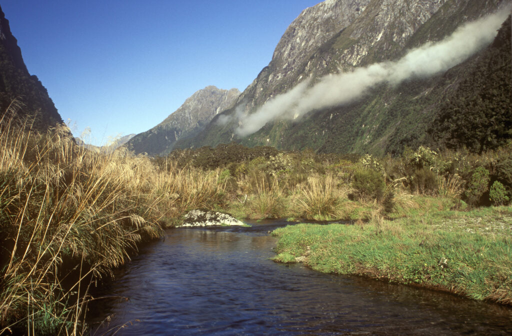NEW ZEALAND, Southland, Fiordland National Park. The Clinton River flowing through the valley below the mountainous peaks