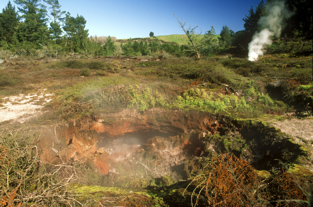 NEW ZEALAND, Central Plateau, Wairakei. The wild steaming craters created by thermal activity at the craters of the moon scenic