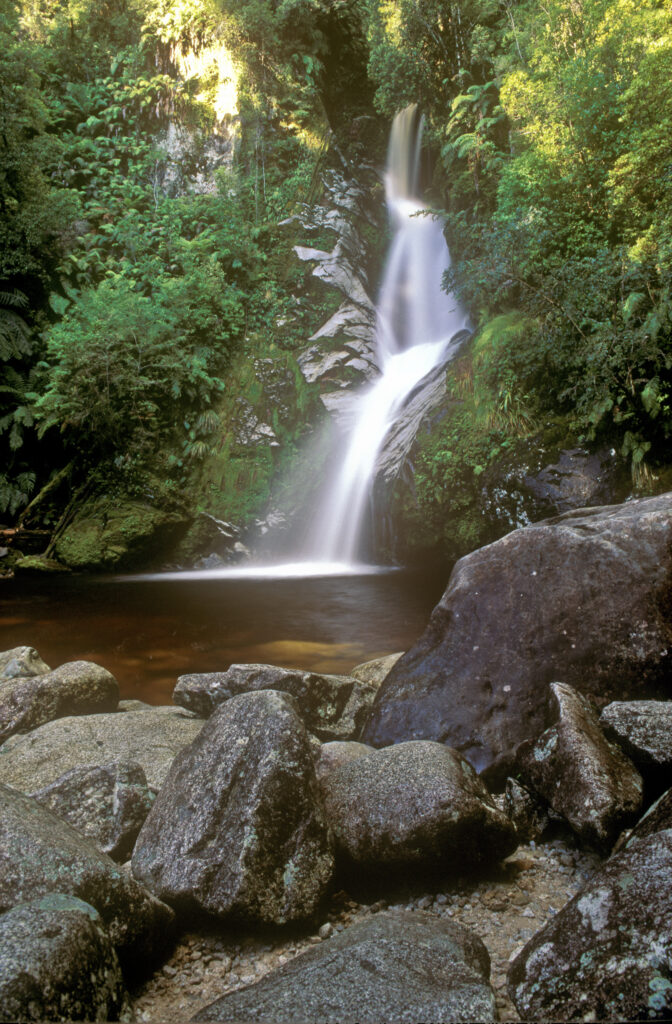 NEW ZEALAND, West Coast, Lake Kaniere. The picturesque Dorothy Falls a popular spot for tourists and locals