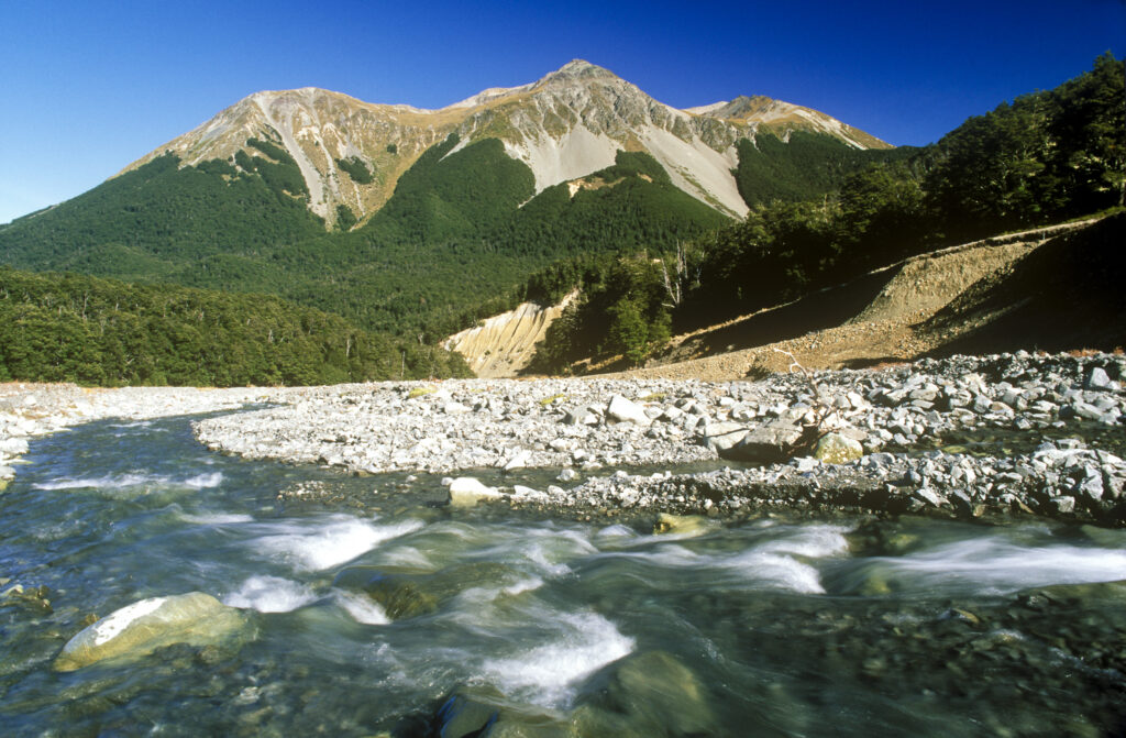 NEW ZEALAND, Canterbury, Craigieburn Forest Park. Braided river close to the Hamilton hut on the Cass Lagoon Saddle Track.