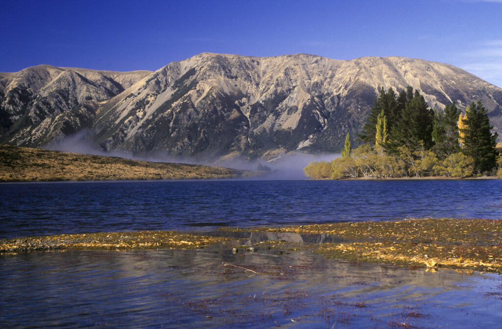 NEW ZEALAND, Canterbury, Craigieburn. The golden autumn colours of Lake Pearson and surrounding mountains and trees