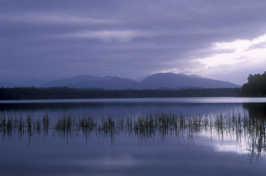 NEW ZEALAND, West Coast, Lake Mahinapua. The calm waters of the lake moments before an impending storm