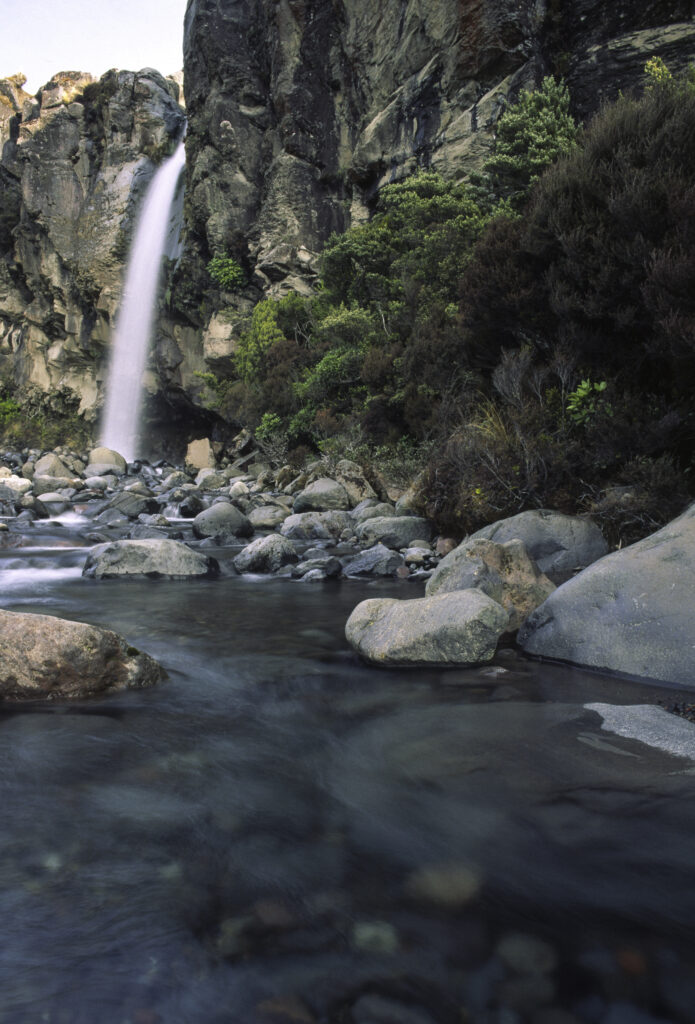 NEW ZEALAND, Central Plateau, Tongaririo National Park. Taranaki falls viewed from downstream