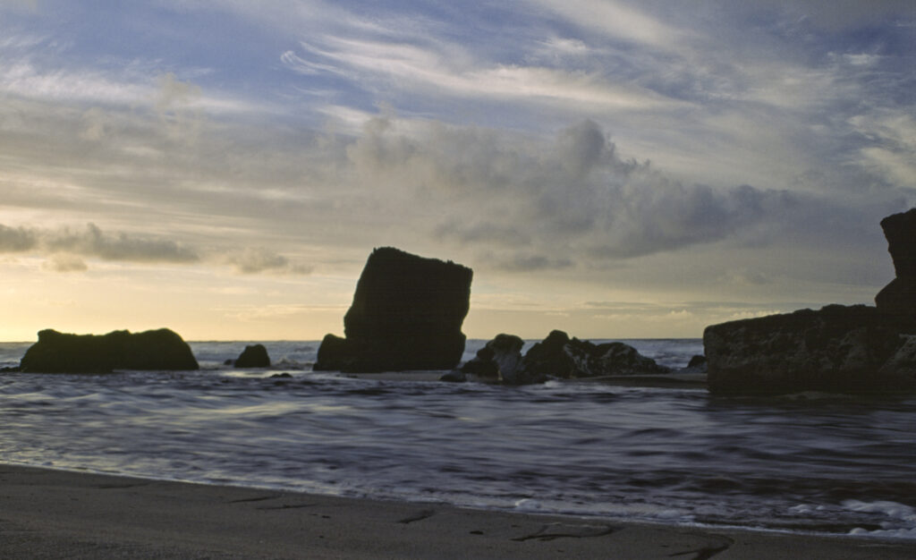 NEW ZEALAND, West Coast, Kahurangi National Park. A colourful sunset over the Tasman Sea on the Heaphy Track