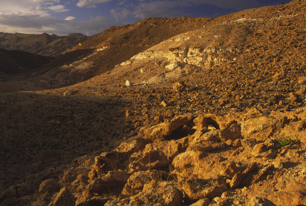 TUNISIA, Chebika Region, Tamerza. Soft evening light illuminates the mountainous landscape found near to the town.