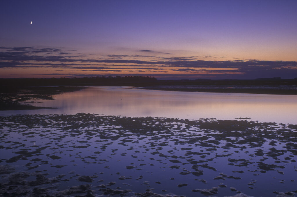 ENGLAND, Northumberland, Budle Bay. Dusk over the waters of the bay, part of the Heritage coast.