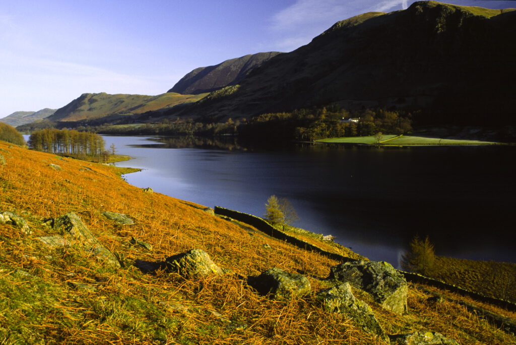ENGLAND, Cumbria, Lake District National Park. The contrasting colours of braken coverd hills and still waters and mountains of Lake Buttermere.