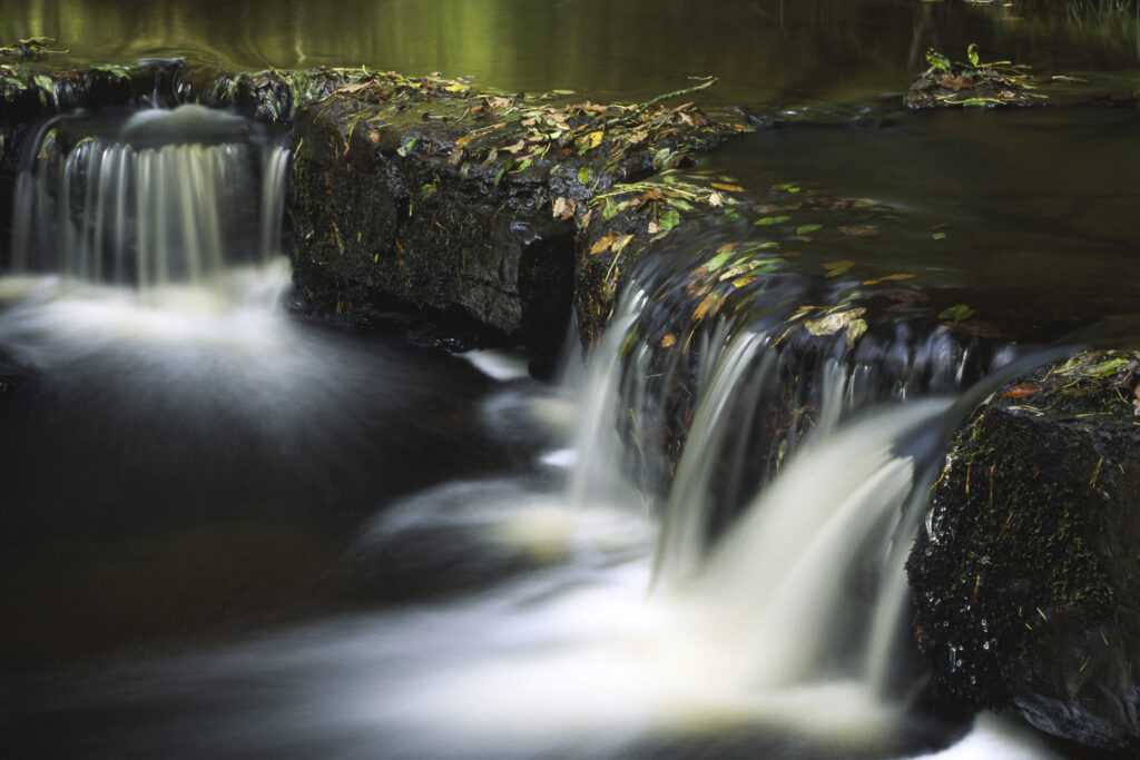 ENGLAND, Northumberland, Northumberland National Park. The flowing waters of the Hareshaw Burn complemented by autumn leaves