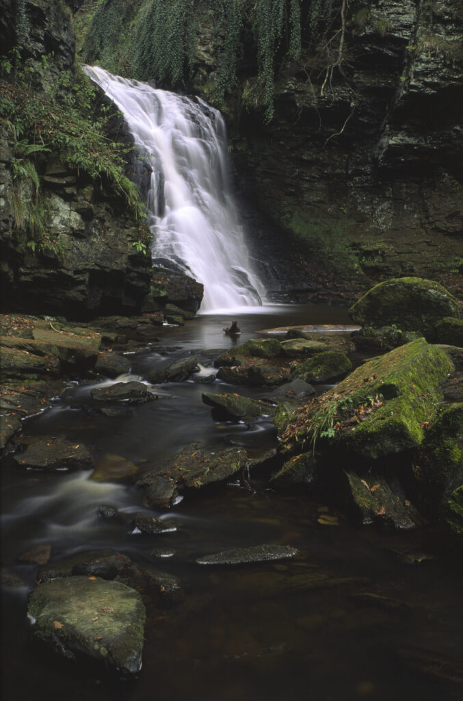 ENGLAND, Northumberland, Bellingham. The flowing waterfall of Hareshaw Linn a popular spot located within Northumberland National Park.