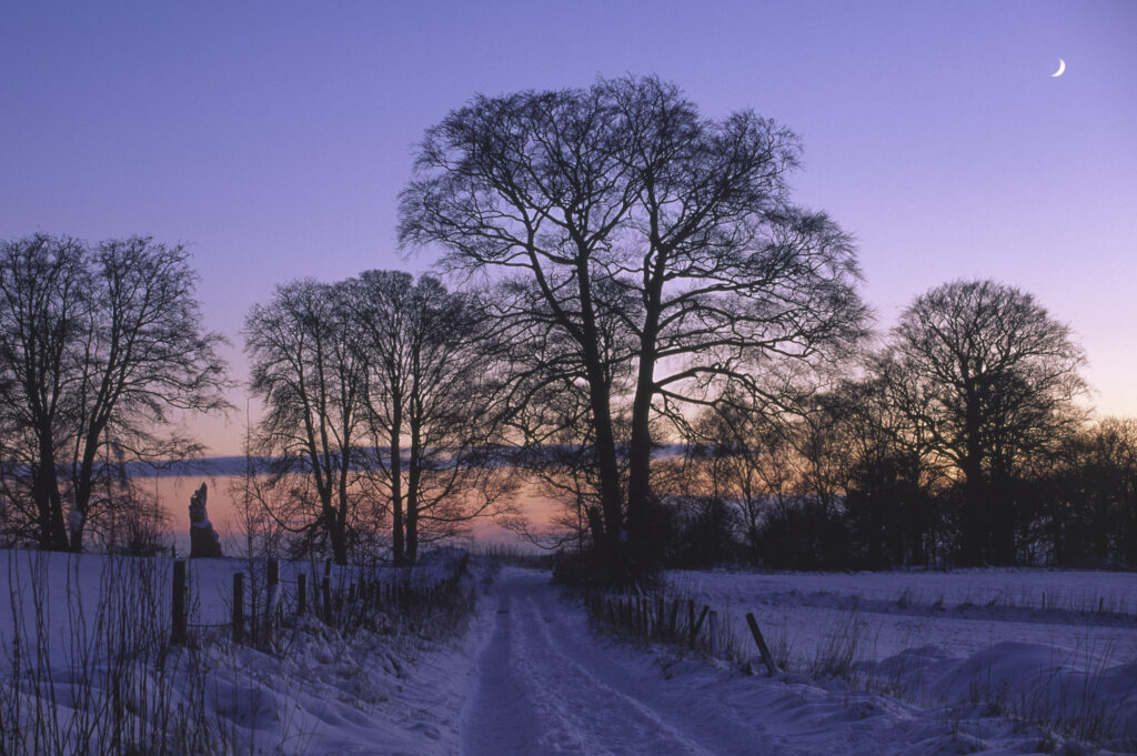 ENGLAND, West Midlands, Baggeridge Country Park. The sun sets behind a country track covered by a winter snow fall
