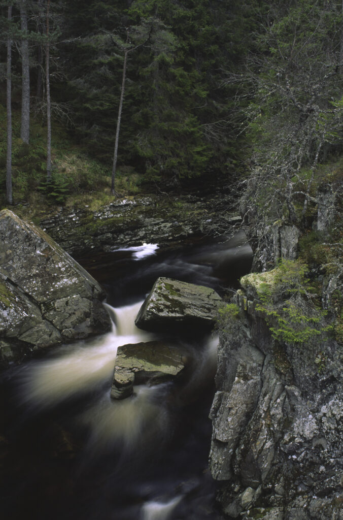 SCOTLAND, Scottish Highlands, Cainrgorm National Park. The fast flowing falls of the river pattack and surrounding woodland.
