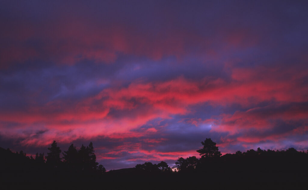SCOTLAND, Scottish Highlands, Cairngorm National Park. The deep red colous of a sunrise behind the trees and peaks of Glen More Forest Park.