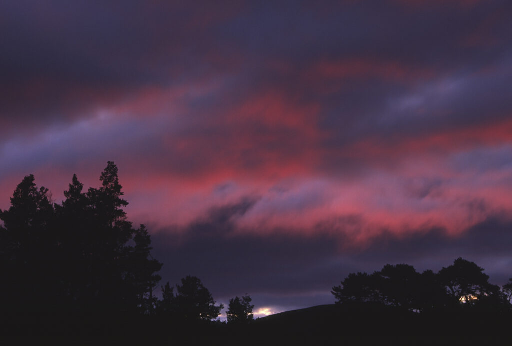 SCOTLAND, Scottish Highlands, Cairngorm National Park. The deep red colous of a sunrise behind the trees and peaks of Glen More Forest Park.