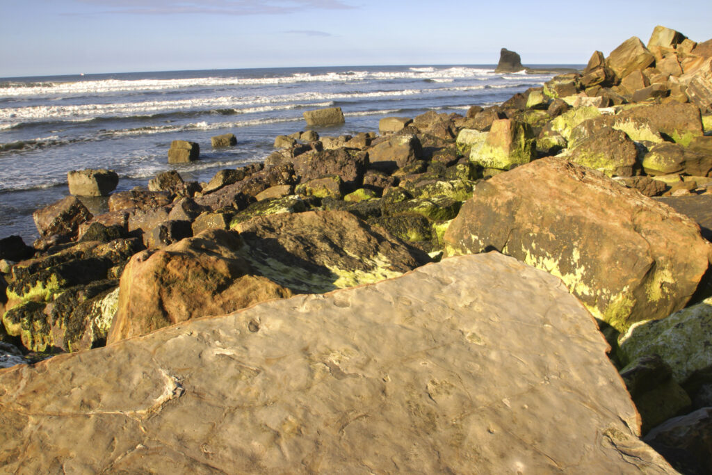 ENGLAND, Yorkshire, North York Moors National Park. Evening light iluminates the boulders of Saltwick Bay near Whitby