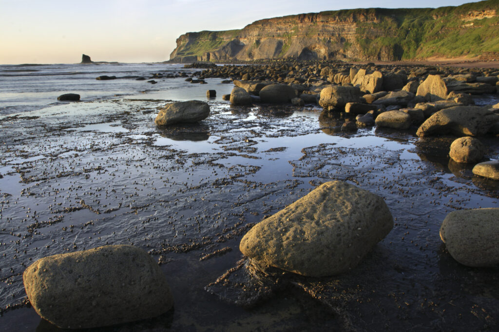 ENGLAND, Yorkshire, North York Moors National Park. Morning light iluminates the coastline of Saltwick Bay and Nab near Whitby