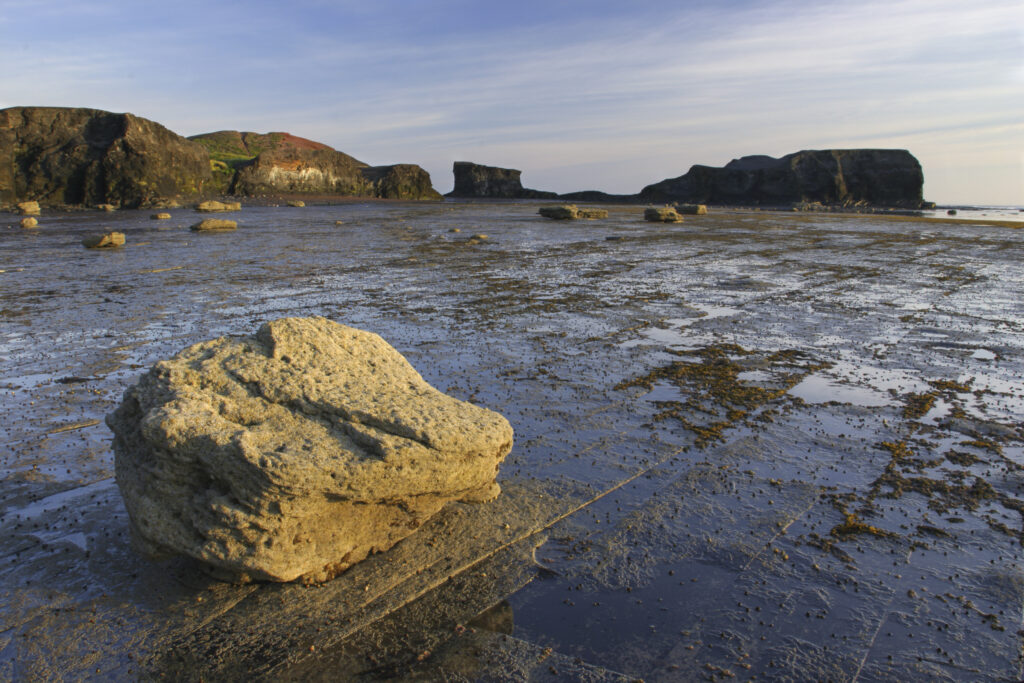 ENGLAND, Yorkshire, North York Moors National Park. Morning light iluminates the coastline of Saltwick Bay and Nab near Whitby