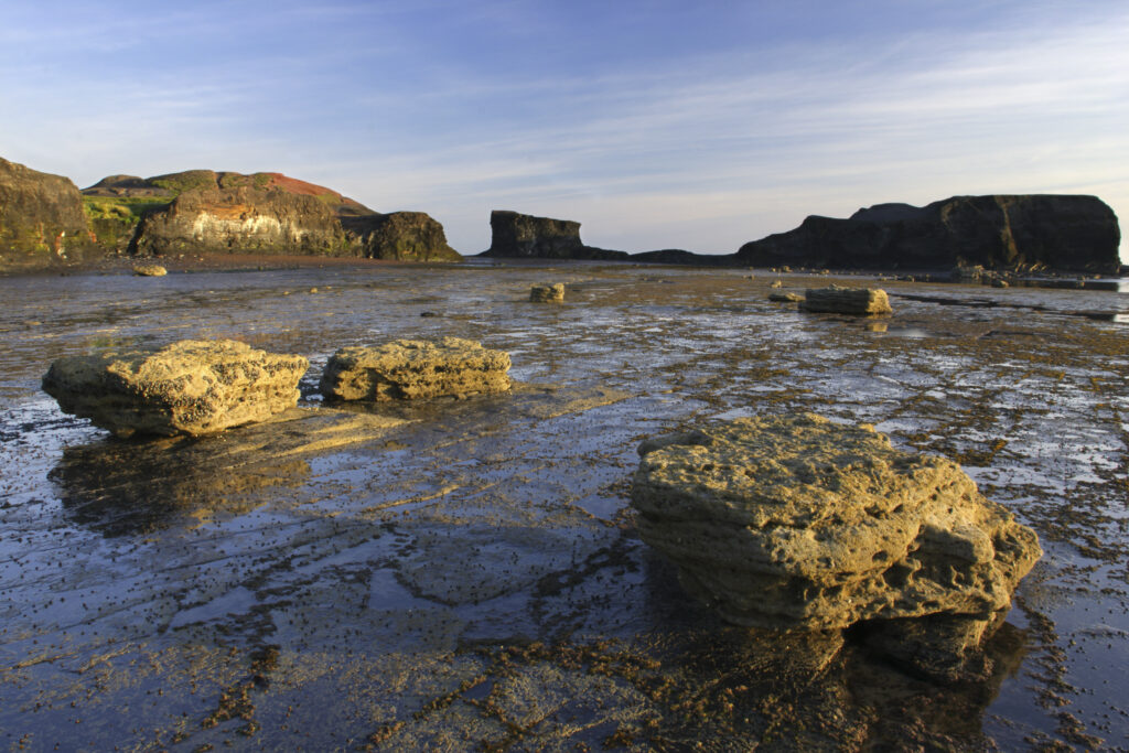 ENGLAND, Yorkshire, North York Moors National Park. Morning light iluminates the coastline of Saltwick Bay and Nab near Whitby