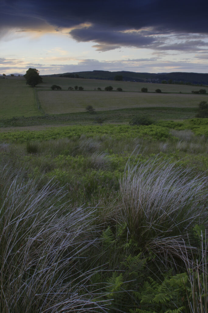 ENGLAND, Northumberland, Rothbury. A dramatic sky appears as the storm clears over fields near the Simonside hills.