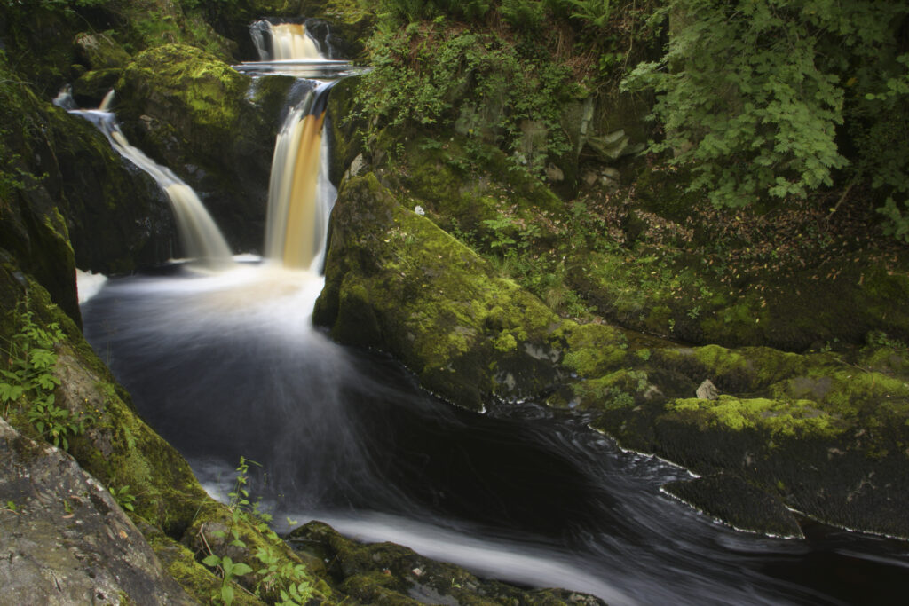 ENGLAND, Yorkshire, Yorkshire Dales National Park. The fast flowing Pecca twin falls waterfalls running through woodland, near Ingleton.