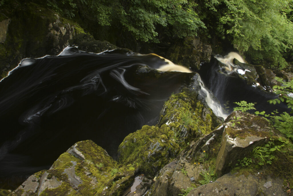 ENGLAND, Yorkshire, Yorkshire Dales National Park. The fast flowing stream near Pecca twin falls waterfalls running through woodland, near Ingleton.
