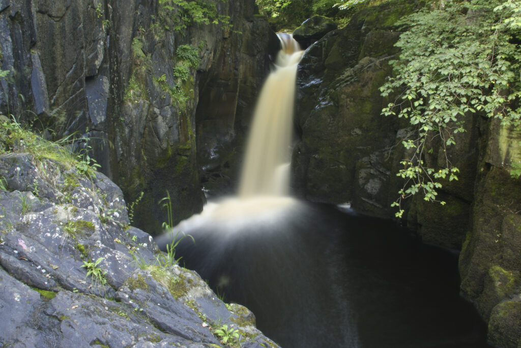 ENGLAND, Yorkshire, Yorkshire Dales National Park. The fast flowing Hollybush Spout waterfall, near Ingleton.