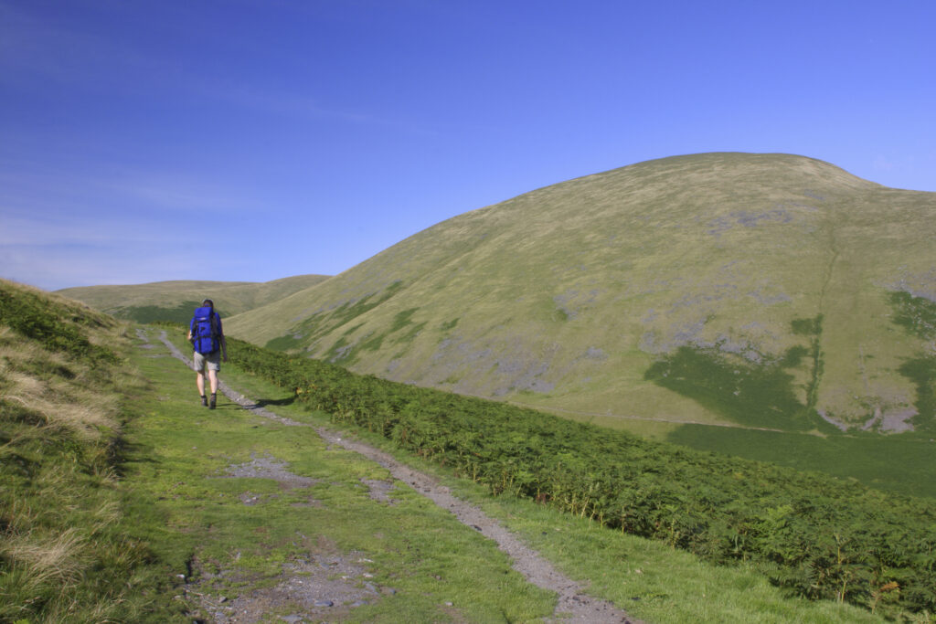 ENGLAND, Cumbria, Lake District National Park. A female hiker walking along the Cumbria way track towards Lonscale Crags