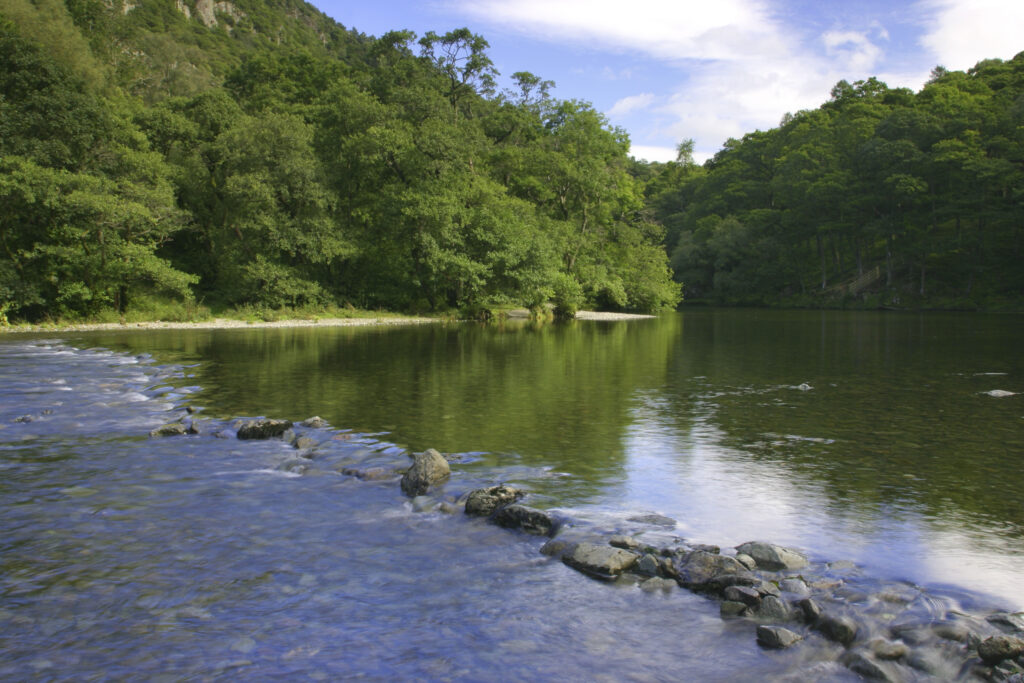 ENGLAND, Cumbria, Lake District National Park. The River Derwent running from derwentwater to borrowdale near dalt wood