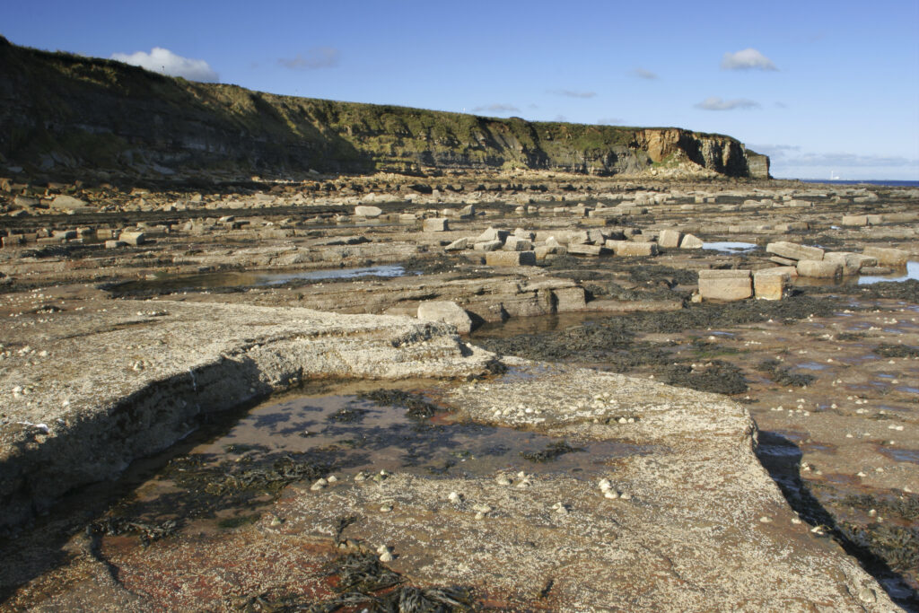 ENGLAND, Tyne & Wear, Whitley Bay. The rocky north tyneside coastline to be found north of the town
